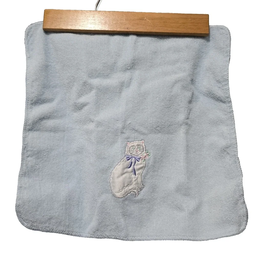 VTG Blue Terrycloth Towel Set Cat Kitten Satin Appliqué 3-Piece Royal‎ Pacific